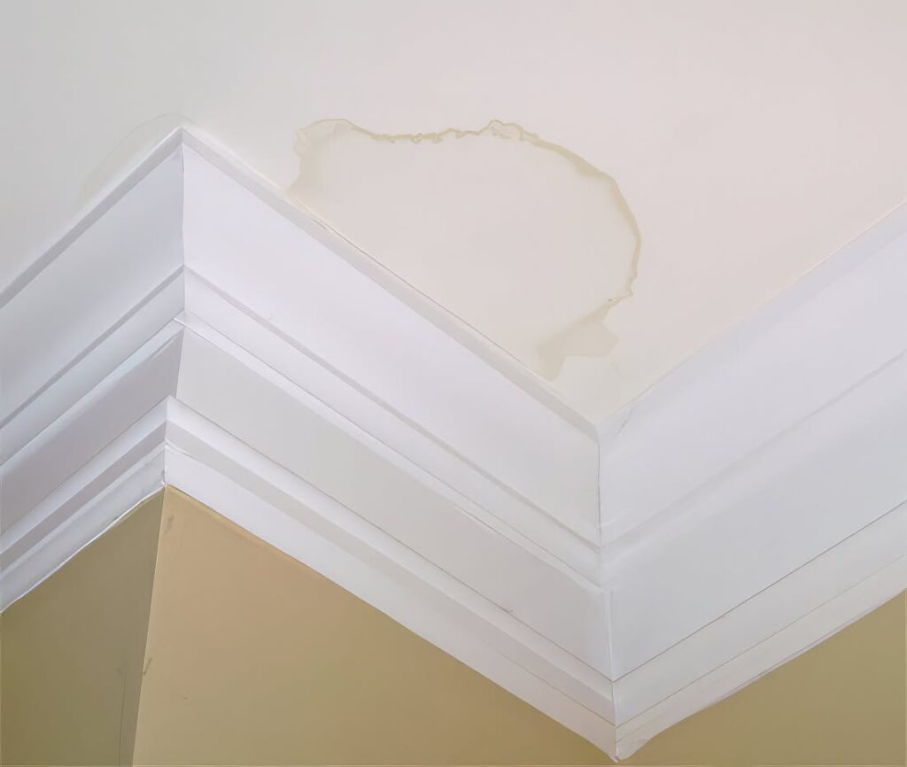 Water stain on a ceiling caused by an active roof leak