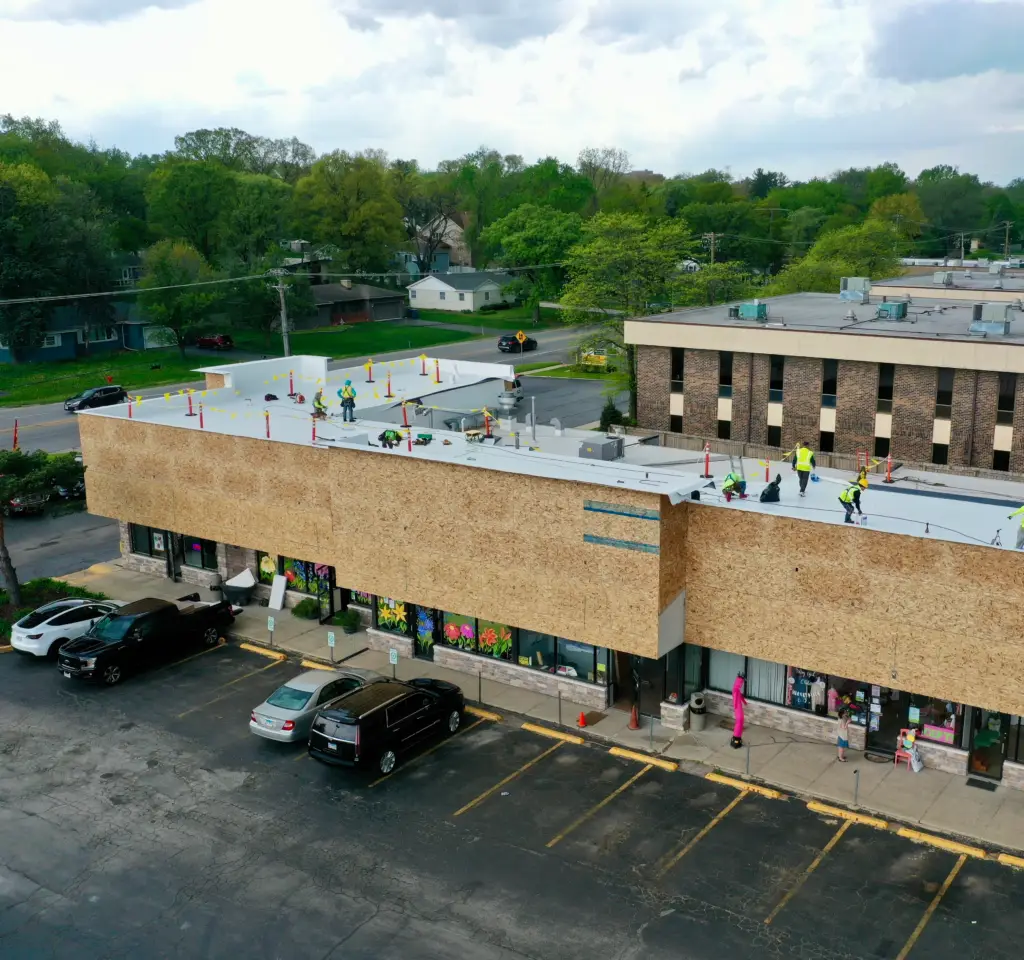 Commercial flat roof on a multi-unit retail building in the Chicago area