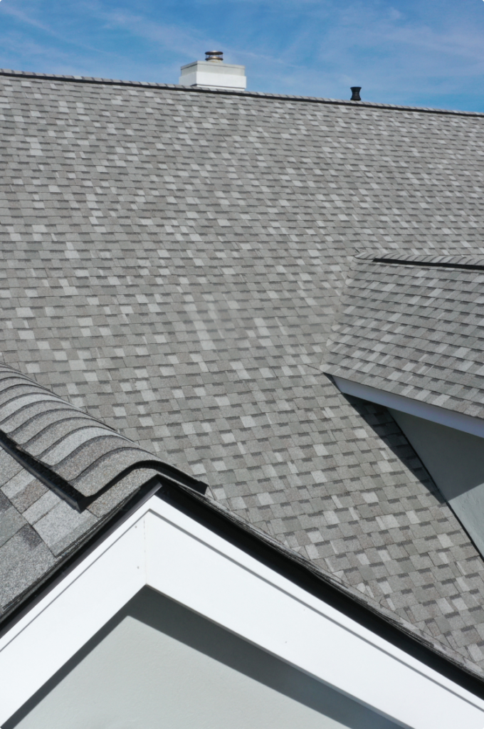 Close-up of newly installed architectural asphalt shingles on a Chicago roof