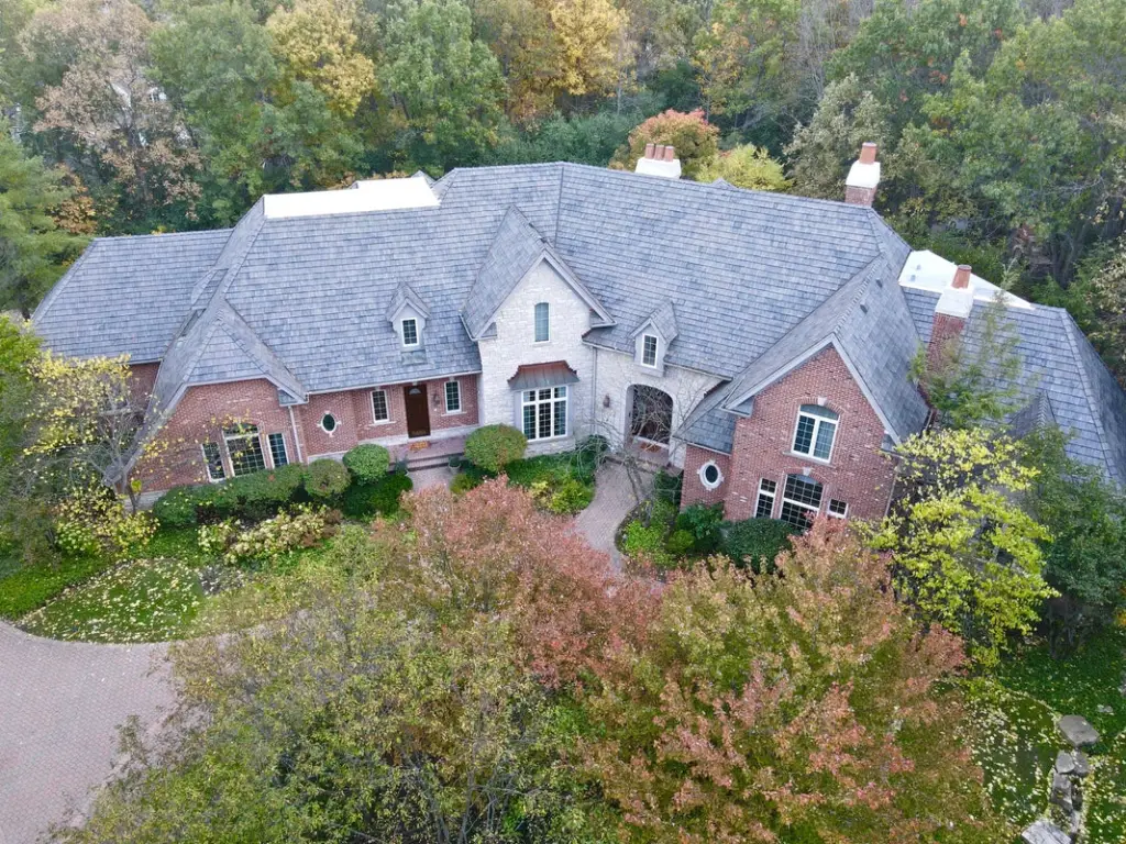 Aerial view of a large Lake Forest, IL home with a gray Brava composite roof