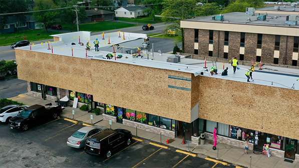 Commercial flat roof on a multi-unit retail building in the Chicago area