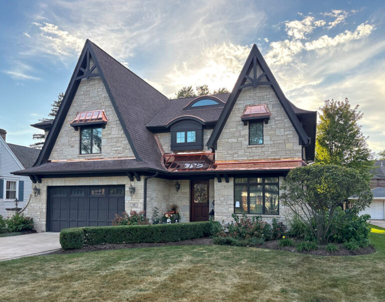 Copper roof accent detail installed by Horizon Restoration in the Chicago area