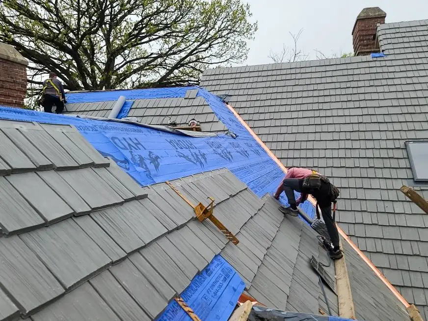 DaVinci synthetic slate roof being installed
